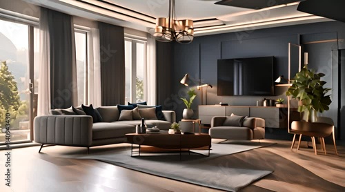 Luxurious living room interior with sofa, coffee table and hanging lamp