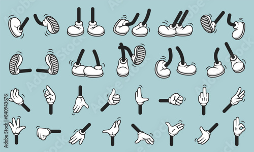 Vintage retro hands in gloves and feet in shoes. Comic retro feet and hands in different poses. Isolated mascot character elements of 1920 to 1950s.