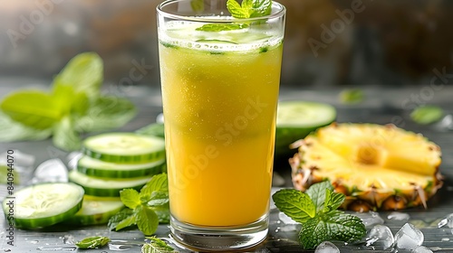 refreshing cucumber pineapple and mint juice served in a tall glass cut out on an isolated simple minimalist background photo