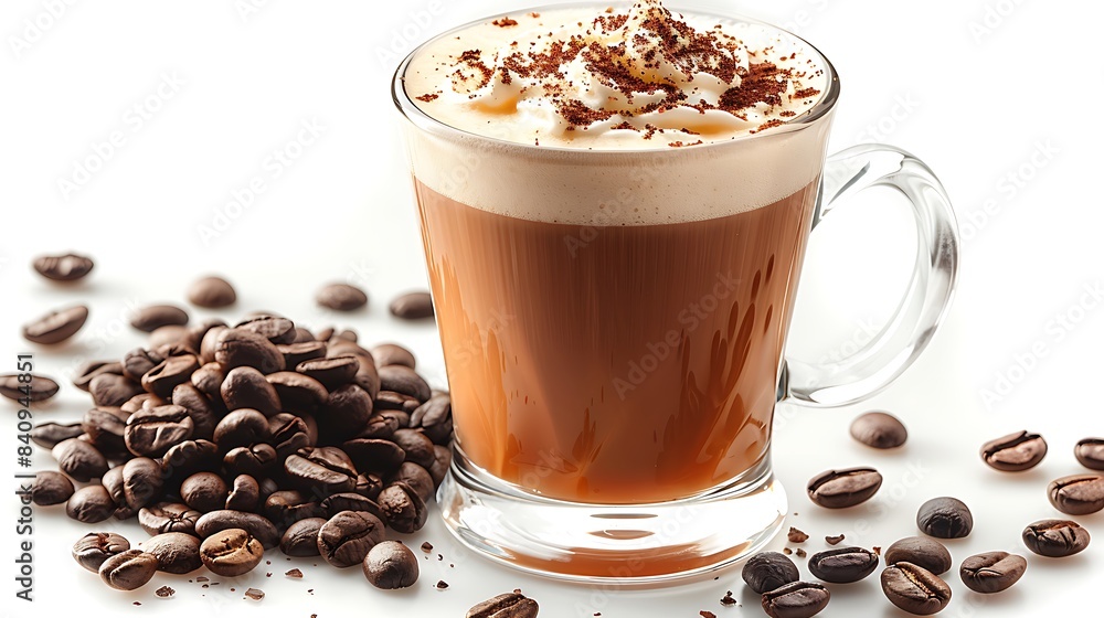 rich and creamy Irish coffee with a side of coffee beans all cut out on an isolated simple minimalist background rich and creamy Irish coffee with a side of coffee beans all cut out on an isolated simple minimalist background
