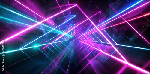 Modern wallpaper with geometric abstract neon background. Digital data transfer concept. Dynamic lines glowing in the dark.