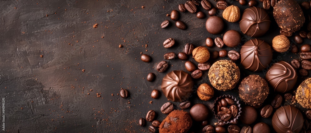 Chocolate Praline with Coffee Beans on Dark Background, Indulgent Sweet Treat, Delicious Snack Chocolate Praline with Coffee Beans on Dark Background, Indulgent Sweet Treat, Delicious Snack