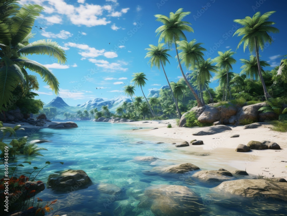 Tropical Beach with Crystal Clear Water and Palm Trees