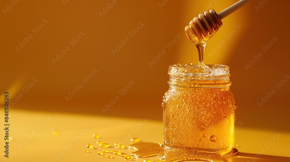Glass Jar Filled with Pure Honey in the Middle of a High-Resolution Image Glass Jar Filled with Pure Honey in the Middle of a High-Resolution Image