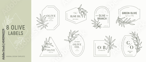 Olive label templates set with olive branches in minimal linear style. Vector leaves and olive fruits.
