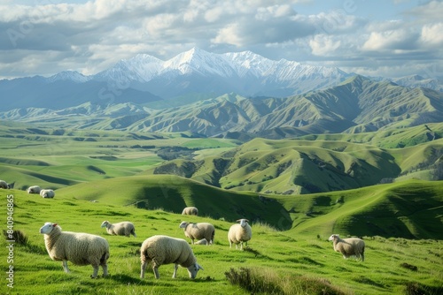 A field of green sheep in the mountains is covered with sheep