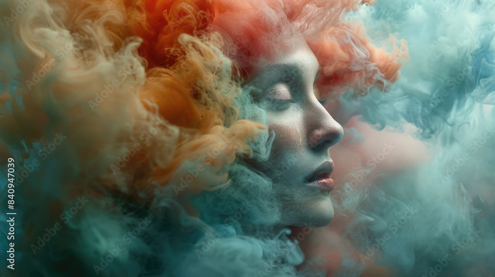 A womans profile is shown in close-up, her face mostly obscured by colorful smoke, which is primarily blue, orange, and white