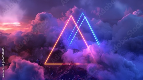 Clouds and neon triangular shapes in the night sky are rendered in 3D. Stormy cumulus with glowing geometric frames are seen in this abstract background.