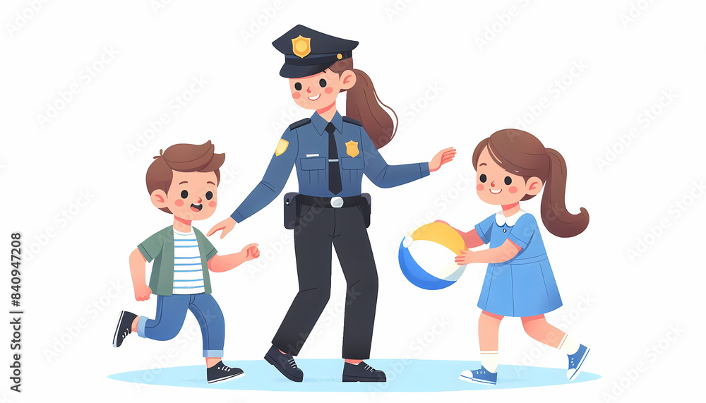 Woman Police Officer Guiding Children Cartoon