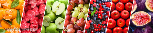 Collage with different sweet berries and fruits