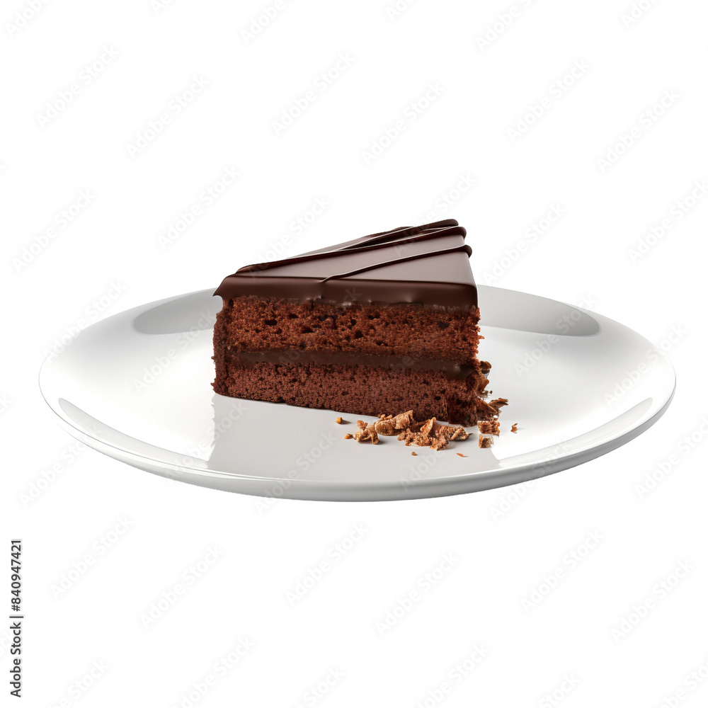 piece of chocolate cake on a plate isolated on white centered on screen piece of chocolate cake on a plate isolated on white centered on screen