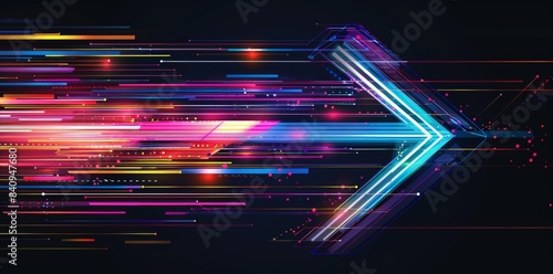 An abstract neon arrow turns right with glowing pink and blue lines. Concept of speed and technology. photo