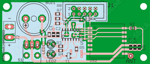 Vector printed circuit board of electronic 
device with components of radio elements, 
conductors and contact pads placed on pcb. 
Engineering technical drawing.