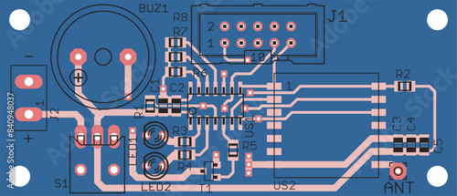 Vector printed circuit board of electronic 
device with components of radio elements, 
conductors and contact pads placed on pcb. 
Engineering technical drawing.