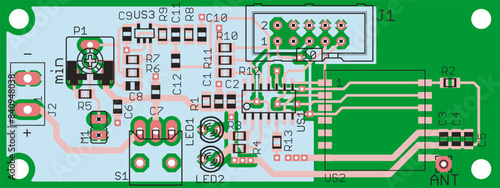 Vector printed circuit board of electronic 
device with components of radio elements, 
conductors and contact pads placed on pcb. 
Engineering technical drawing.