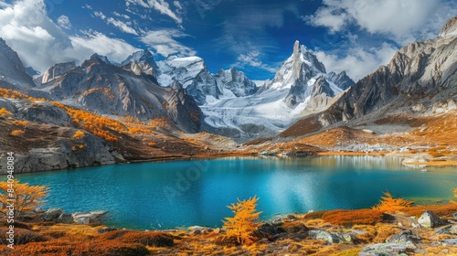 Scenic alpine view in autumn with turquoise lake and towering snowy peaks in background