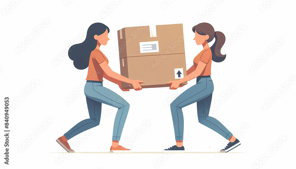 Women Teamwork in Carrying Large Cardboard Box
