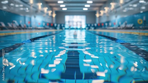 Bright and Appealing Fitness Center Swimming Pool with Clear Blue Water Lane Markers Starting Blocks and Neatly Placed Poolside Gear like Swim Caps and Goggles   Ample Copyspace photo