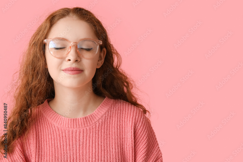 Portrait of relaxed young woman on pink background Portrait of relaxed young woman on pink background