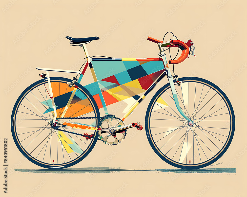 Fototapeta premium A bicycle in geometric art retro theme background. Minimal geometric elements. Vintage abstract shapes vector illustration.