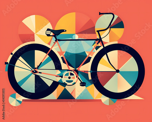 A bicycle  in geometric art retro theme background. Minimal geometric elements. Vintage abstract shapes vector illustration. photo