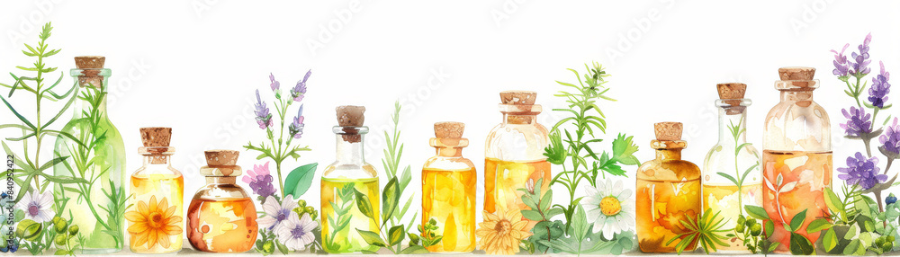 Assorted Herbs and Essential Oils Arranged on a White Background Assorted Herbs and Essential Oils Arranged on a White Background