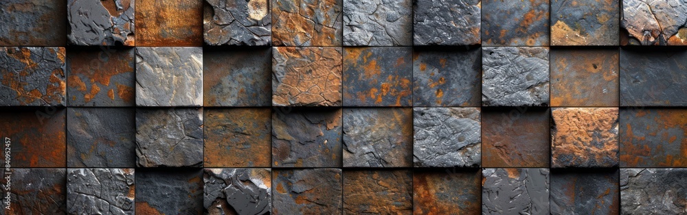 Retro Geometric Mosaic Tiles Texture in Gray, Brown, and Rusty Tones on Cement Stone Background - Vintage Square Motif Banner Retro Geometric Mosaic Tiles Texture in Gray, Brown, and Rusty Tones on Cement Stone Background - Vintage Square Motif Banner