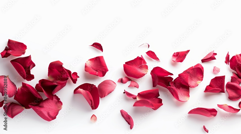 A close up of red rose petals scattered across a white background A close up of red rose petals scattered across a white background