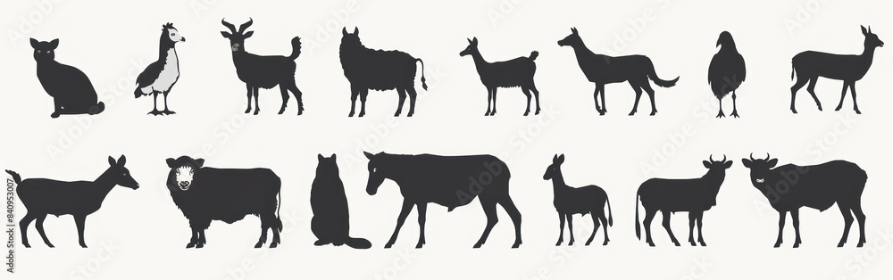 Farm Animal Vector Set - Collection of Black Silhouettes Isolated on White Background