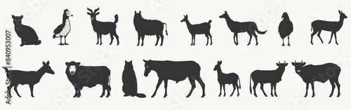 Farm Animal Vector Set - Collection of Black Silhouettes Isolated on White Background