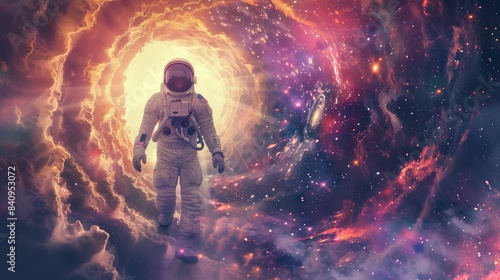 A man in a spacesuit is walking through a tunnel in space, space-time portal