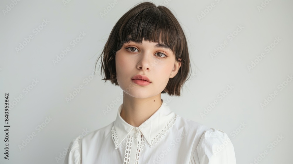 A woman with short hair and a white shirt, Bob hairstyle A woman with short hair and a white shirt, Bob hairstyle
