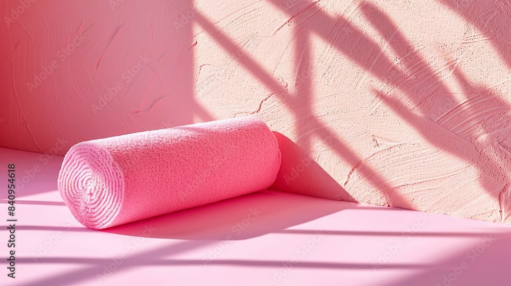 Obraz premium single foam roller in the upperleft third on a pastel pink background