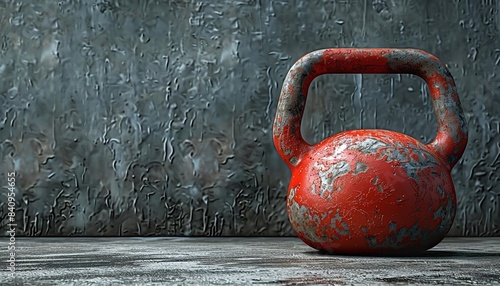 single kettlebell in the lowerright third on a minimalist gray background photo