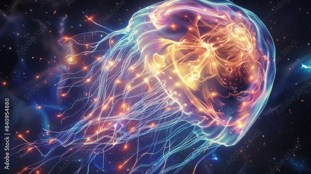 A jellyfish with a glowing blue and orange tail A jellyfish with a glowing blue and orange tail