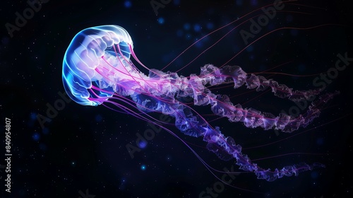 A jellyfish with purple and pink tentacles is floating in the dark