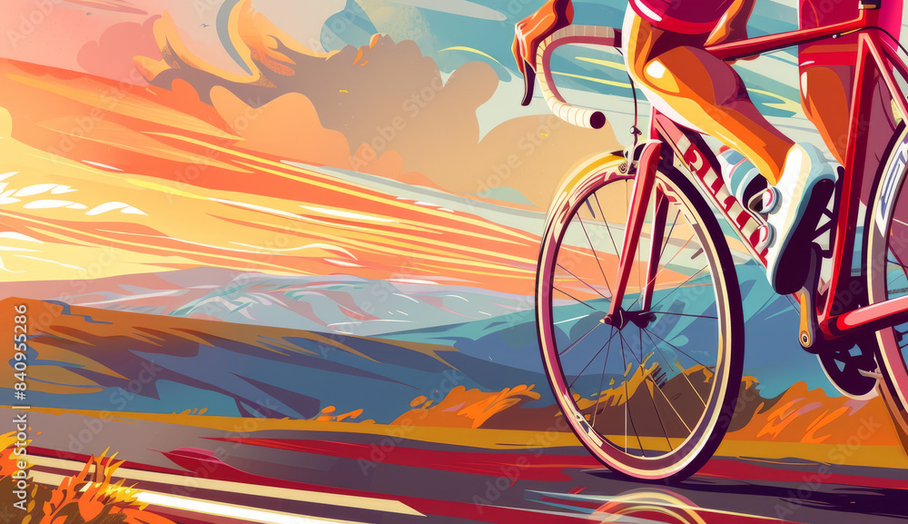 Fototapeta premium A cyclist riding their bike on the road, illustration with flat vintage design style