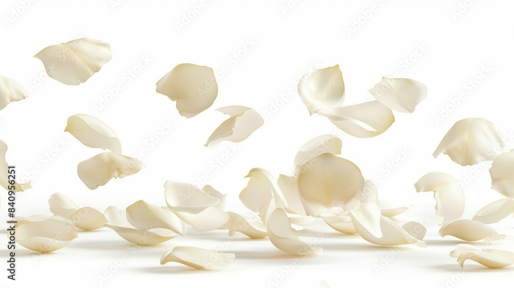 A white flower with its petals scattered in the air, rose A white flower with its petals scattered in the air, rose