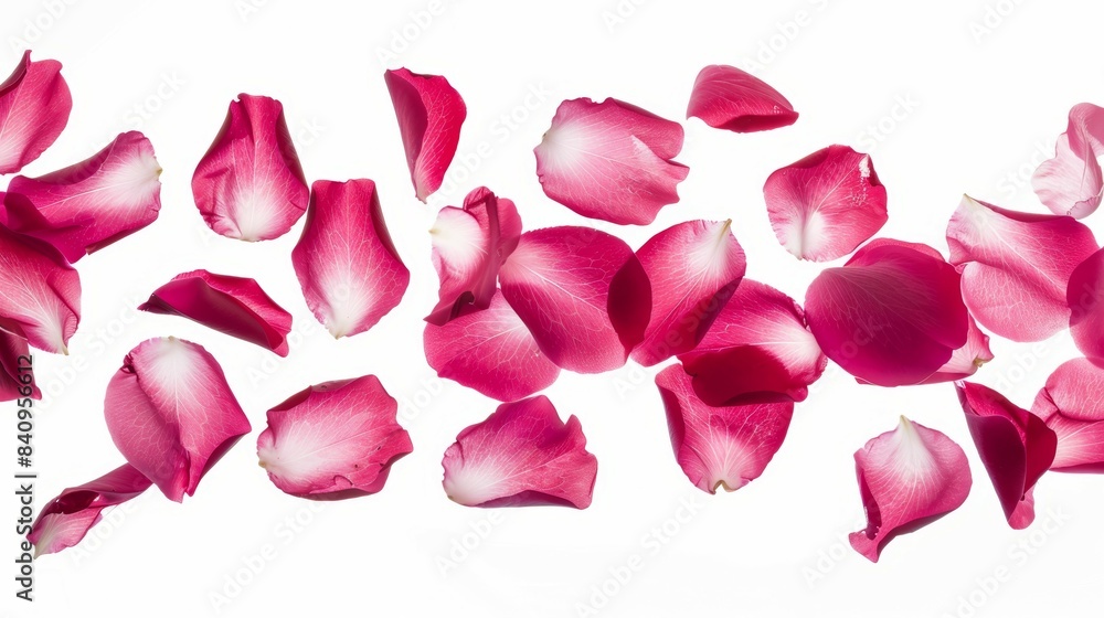 Pink flower petals scattered across a white background, rose