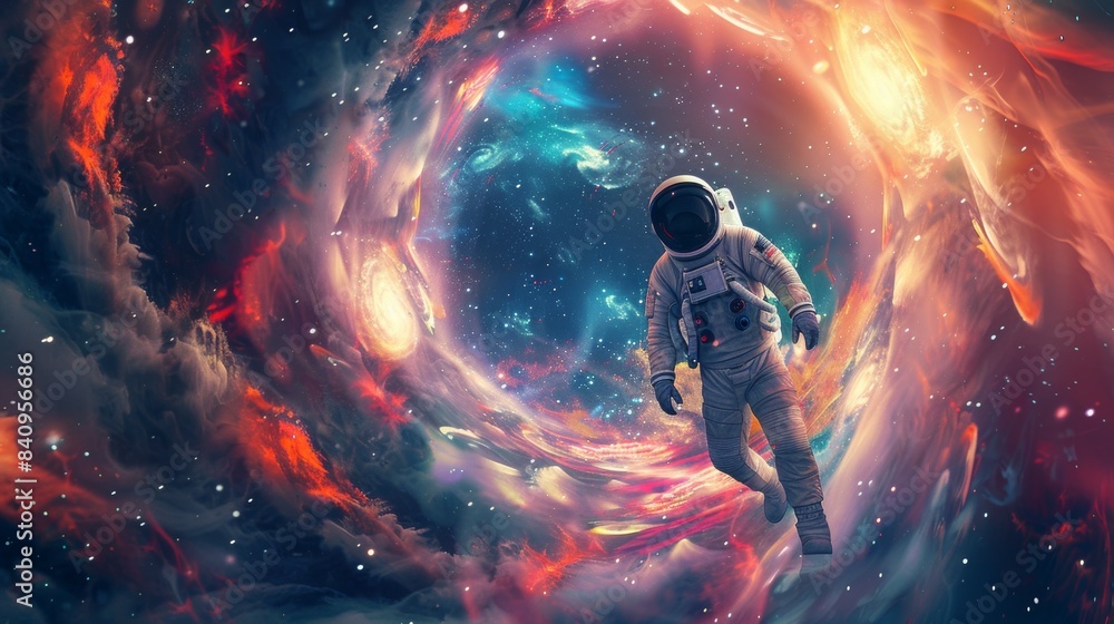 Fototapeta premium A man in a spacesuit is flying through a colorful, swirling space, space-time portal