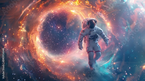 A man in a spacesuit is walking through a large hole in space  a portal to the galaxy and the discovery of new worlds