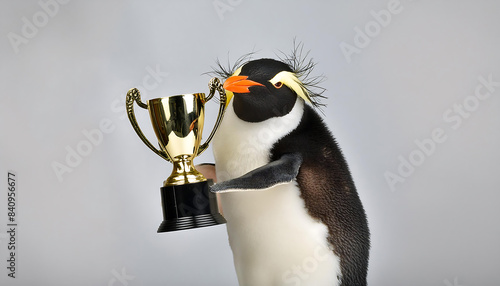 Penguin Proudly Holding a Trophy