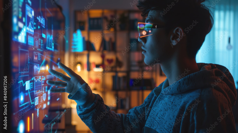 Advertising banner of A Hispanic developer displaying a hologram of a smart home system. --chaos 15 --ar 16:9 Job ID: e8a23e87-fac5-4d10-b1a9-d945cf5fc143 Advertising banner of A Hispanic developer displaying a hologram of a smart home system. --chaos 15 --ar 16:9 Job ID: e8a23e87-fac5-4d10-b1a9-d945cf5fc143