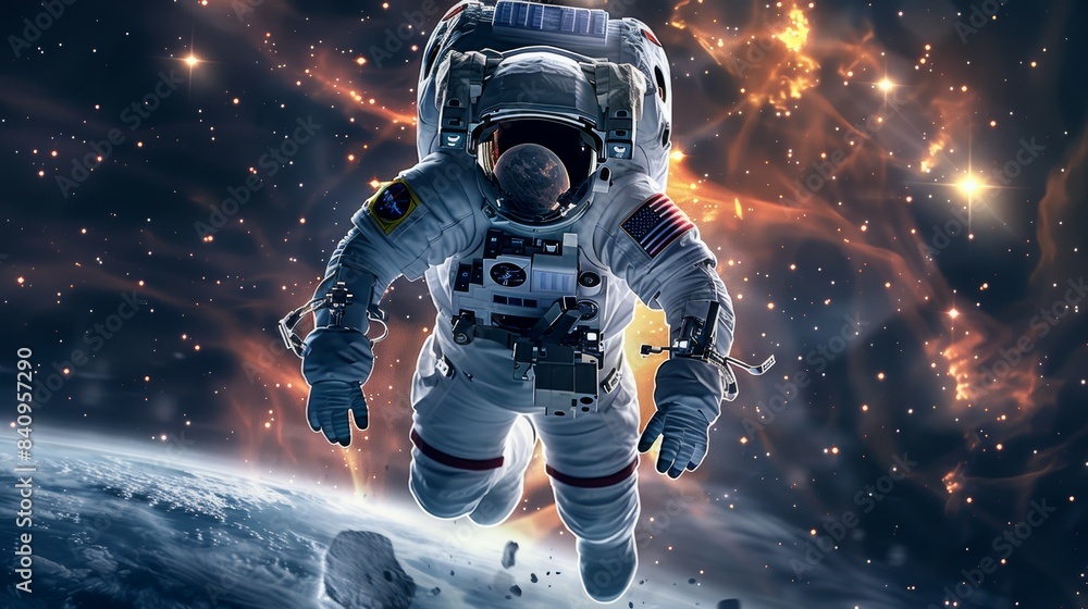 Fototapeta premium A man in a spacesuit is flying through space, space-time portal