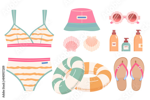 Set of accessories for beach holiday: two-piece women's swimsuit, Panama hat, flip-flops, sunglasses, sunscreen, inflatable striped swimming circle, seashells. Vector illustration on white background.
