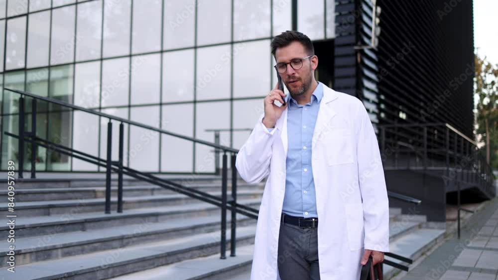 Young doctor telephoning in front of his clinic Young doctor telephoning in front of his clinic