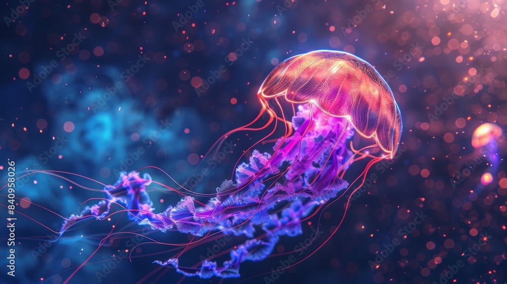 Naklejka premium A jellyfish with a purple and red body is floating in the sky