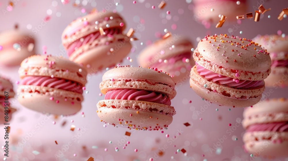 Colorful macarons flying through the air with confetti on a purple background Colorful macarons flying through the air with confetti on a purple background