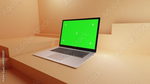 Laptop Animation 3D Render Blank With Green Screen Choram Key photo