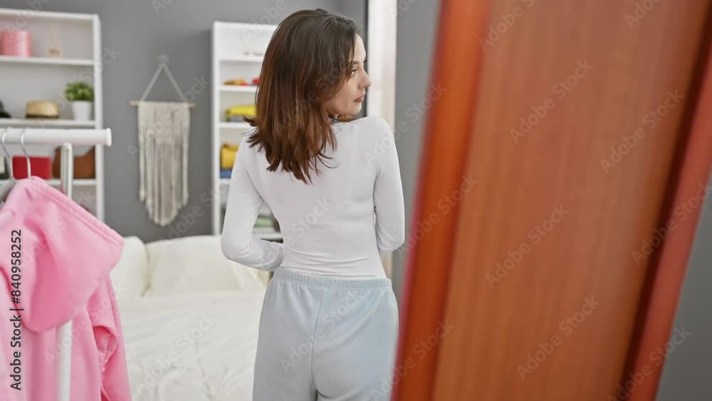 Young hispanic woman in casual home attire admiring herself in the bedroom mirror Young hispanic woman in casual home attire admiring herself in the bedroom mirror